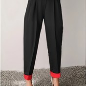 Resim Kadınların Şık Siyah Geniş Bacaklı Pantolonları Kırmızı Detaylarla - Fermuarlı Uç, Buruşuk Tasarım, Bahar/Sonbahar Gezileri İçin Mükemmel, Şık ve Çok Yönlü, Giyim | Şık Pantolonlar | Polyester Pantolonlar 