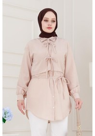 Resim Sevitli Cepken Detaylı Bağlamalı Keten Tunik-bej-5114 Bej 