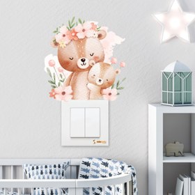 Resim Sevimli Anne ve Yavru Ayıcık Çiçekler Çocuk Odası Duvar Sticker - Priz Sticker - 12x13 cm / Renkli / Priz Sticker 