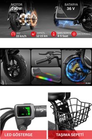 Resim Sportaj Harley Elektrikli Çocuk Scooter Oturaklı Sepetli Led Işıklı 8-12 Yaş 250 W 36V 