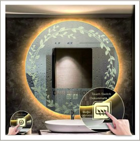 Resim Dnr-MirrorDnr-Mirror 70 cm Günışığı Ledli Tasarım Kumlamalı Dokunmatik Tuşlu Buğu Önleyicili Banyo Aynası Makyaj Aynası 