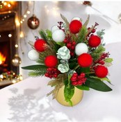 Resim Yapay Çiçek Aranjman Gold Vazoda Yılbaşı Çiçeği Kırmızı Kokina Ve Ponponlar 