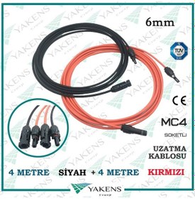 Resim Güneş Paneli Uzatma Kablosu 4m+4m 6mm Çift Taraflı Mc4 Soketli Solar Ara Kablo Siyah Kırmızı 