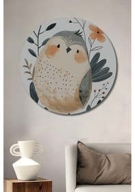 Resim Sevimli Kuş Figürlü Ahşap Tablo Sulu Boya Görünümlü Yuvarlak Duvar Tablosu 8-664 - 45 X 45 