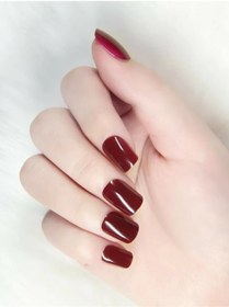 Resim 24'lü Koyu Kırmızı Bordo Takma Tırnak Lüks Parlak Doğal Kısa Boy Kare Nail Art Yapıştırıcılı Set 