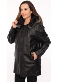 Resim Hakiki Kuzu Derisi Kapşonlu Kürklü Fermuarlı Kadın Ceket Siyah Siyah 
