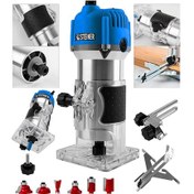 Resim Steiner 3000 Watt 6 Kademe Devir Ayarlı Formika Traşlama Freze Makinesi 6 MM Pens Mavi + Uç 12 Adet 