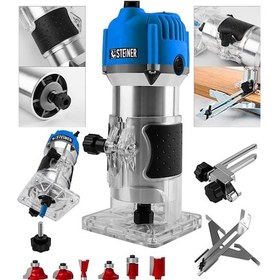 Resim Steiner 3000 Watt 6 Kademe Devir Ayarlı Formika Traşlama Freze Makinesi 6 MM Pens Mavi + Uç 12 Adet 