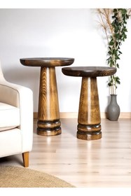 Resim ASELYA HOME Doğal Ahşap 2’li Set Mantar Yan Sehpa Modern Fiskos Zigon Çiçeklik 