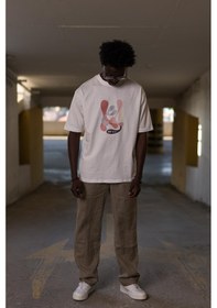 Resim Bisiklet Yaka Lu Önü Baskılı Oversize Geniş Model T-Shirt Beyaz 