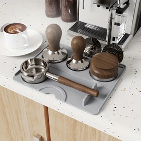 Resim 1 adet Premium Gıda Sınıfı Silikon Kahve Sıkma Matı - Su Geçirmez, Isıya Dayanıklı Espresso Sıkma Pedi Ahşap Sap & Metal Halka ile - Baristalar, Tezgah Koruma & Kahve Aksesuarları için Mükemmel, Espresso Sıkma 