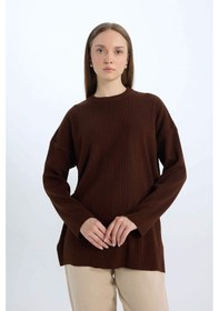 Resim DeFacto Relax Fit Bisiklet Yaka Basic Düz Triko Tunik Kazak E2938AX24WNBN320 Kahve 