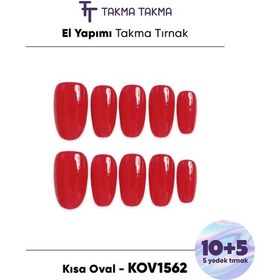 Resim 15'li Kırmızı Kısa Oval Kov1562 Tekrar Kullanılabilir El Yapımı Protez Takma Tırnak Xs 