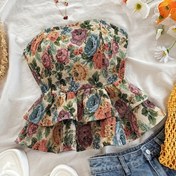 Resim Yeni Tatil Çiçek Peplum Büzgülü Sırtı Açık Straplez Üst 