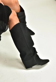 Resim V846846001 Siyah Süet Kalın Topuklu Körüklü Kadın Çizme Siyah-nubuk 