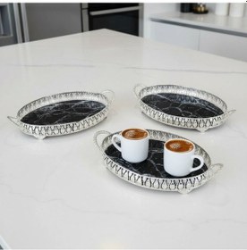 Resim 3 Adet Gümüş Renk Mermer Desen Metal Çerçeveli Cam Tepsi - 28x19 Cm Gümüş 