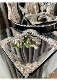 Resim Atabey Home Collection 6'lı Kahve & Çay & Sunum Tepsisi Metal Döküm Kare Gümüş Gül Model 