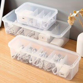 Resim 5 Bölmeli Büyük Kapasiteli Kablo Yönetimi Kutusu Kapaklı - Ofis ve Ev Kullanımı İçin Alan Tasarrufu Masaüstü Depolama Çözümü, Dayanıklı Plastik, Kablo ve Şarj Cihazlarını Düzenlemek İçin Mükemmel, Ev Kablo Yönetimi | Bölümlü Düzenleyici | Şeffaf Tasarım, Kablo Düzenleyici Depolama 