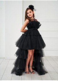 Resim Porça Kız Çocuk Ön Kısa Arkası Uzun Tüllü Katlı Beli Fiyonklu Abiye-8073-siyah Siyah 