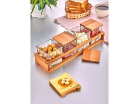 Resim İliva 4 Lü Ahşap Standlı Kapaklı Cam Lüx Kare Kahvaltılık - Çerezlik - Kahvaltı Sunum Seti 