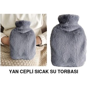 Resim Sıcak Su Torbası Yan Cepli Gri Peluş Termofor 27x17x2cm 1 Litre Koyu Gri 