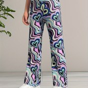 Resim Kızlar İçin Renkli Kalp Desenli Esnek Geniş Paça Pantolon - Rahat Elastik Bel, Makinede Yıkanabilir, Polyester/Elastan Karışımı, Moda Zilli Pantolon, Her Mevsim Giyim|Renkli Kalp Tasarımı|Esnek Kumaş Pantolon 