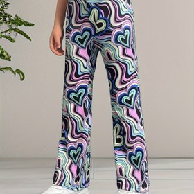Resim Kızlar İçin Renkli Kalp Desenli Esnek Geniş Paça Pantolon - Rahat Elastik Bel, Makinede Yıkanabilir, Polyester/Elastan Karışımı, Moda Zilli Pantolon, Her Mevsim Giyim|Renkli Kalp Tasarımı|Esnek Kumaş Pantolon 