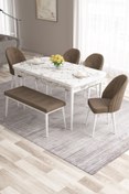Resim Canisa Roz Serisi,80x132 Mdf Açılabilir Beyaz Mermer Desen Masa 4 Kahverengi Sandalye Ve 1 Bench 