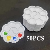 Resim 50 adet tek kullanımlık mini palet, çiçeklere benzeyen plastik tabaklar, su temelli boyalar, akrilik ve gouache karıştırma için tasarlanmış, sanat öğrencileri için ideal, emici olmayan yüzeyli, sanat stüdyosu malzemeleri, renk karıştırıcılar, minimalist paletler, emici olmayan malzeme, boyalar karıştırma, kolej öğrencileri, sanat hobileri 
