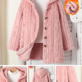 Resim Kız Çocuk Sıcak Tüylü Kapüşonlu Ceket - Uzun Kollu, Düğmeli, Düz Renk, Sonbahar/Kış için Sıcak ve Şık, Günlük Geziler için Mükemmel, Günlük Kışlık Giyim | Düğmeli Kapüşonlu | Polyester Astarlı İç Kısım, Kalın 