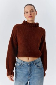 Resim Mixray 6883 Kadın Fırfır Detay Crop Triko Kazak Kahve 