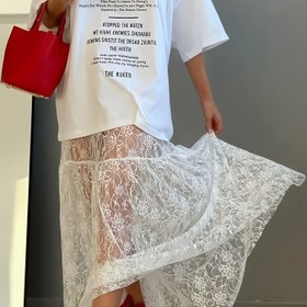 Resim Zarif Yüksek Bel Dantel Kontrast Etek - %100 Polyester, Uzun Akışkan Tasarım, Elde Yıkama veya Kuru Temizleme, Günlük ve Resmi Durumlar için Mükemmel 