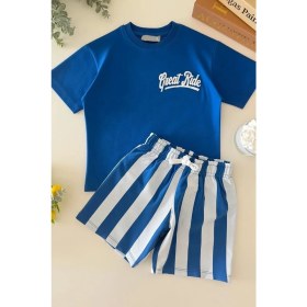 Resim Monila Erkek Çocuk Pamuklu Lacivert T-Shirt ve Çizgili Şort Alt Üst Takım 