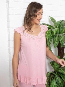 Resim Limissi Lohusa V Yaka Fırfırlı Pijama Takımı - Pembe - Gül Kurusu / M 