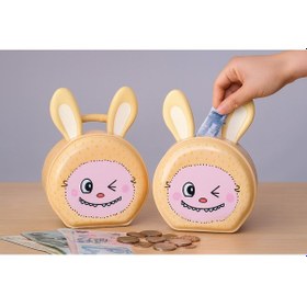 Resim Kilitli Metal Kumbara Sevimli Tavşan Figürlü Kulaklı Çocuklar İçin Para Biriktirme Kumbarası Sarı Çok Renkli 