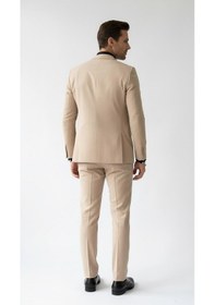 Resim Erkek Klasik Slim Fit Armürlü Kumaş Tek Düğmeli Çift Yırtmaçlı Klasik Yaka Takım Elbise 7 Drop Bej 