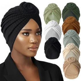 Resim Kadınlar için Şık Önceden Bağlanmış Düğüm Çiçekli Turban - Yumuşak Polyester, Düz Renk Başörtüsü | Şık ve Rahat Saç Örtüsü Bere Çoklu Renklerde 