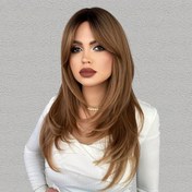 Resim Kadınlar için Patlama ile Isıya Dayanıklı Uzun Dalgalı Bal Sarışın Peruk - Katmanlı Stil ile Doğal Sentetik Kahverengi Peruk 