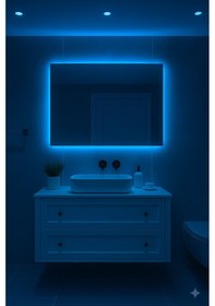 Resim Digital Hayat Mavi Led Işıklı Dikdörtgen Ayna Dekoratif Banyo Makyaj Aynası Yatay Ve Dikey Kullanım 30x50cm - 60x80cm Mavi 