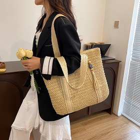Resim Kadınların Tül Detaylı Hafif Hasır Çantası - Rahat Yaz Plaj Omuz Çantası, Fermuar Kapanışı, Polyester Astarlı, Sabit Askılı Tasarım, Plaj Aksesuarı | Minimalist Çanta Tasarımı | Sabit Askılı Çanta 