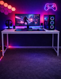 Resim Flinder Beyaz Oyuncu Masası 60x140 Cm, Beyaz Renk Bilgisayar Masası, Gamer Masası, Gaming Masa 