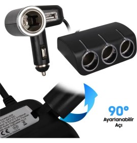 Resim Olesson 1528 12-24V Tek USB Girişli 120W 80CM Kablolu 3'lü Araç Çakmak Çoklayıcı 