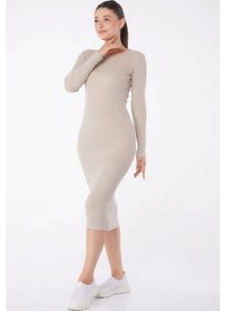 Resim Düz Bisiklet Yaka Kadın Midi Elbise Bej 