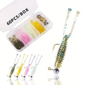 Resim 60 adet Yol Yemsiği Mikro Solucan Çift Kuyruklu Yumuşak Yem Çok Renkli Balık Yemsiği Kök Balık Kurşunlu Başlıklı saç tokası Seti 