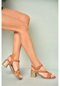 Resim Fox Shoes P555452803 Taba Hakiki Deri Kalın Topuklu Kadın Sandalet Taba-hakiki Deri Taba 