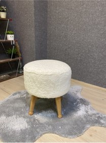 Resim Asedia Miskin Naturel Teddy Krem Ahşap Ayaklı Peluş Puf Makyaj Koltuğu Yuvarlak Tabure 