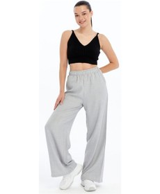 Resim Kadın Pantolon Keten Karışımlı Beli Lastikli Kırışmaz Kumaş Pantolon Keten-pantolon Gri 