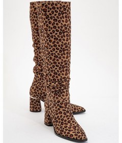 Resim 120 Siyah Sarı Desenli Körüklü Kadın Kalın Topuklu Çizme Leopar 