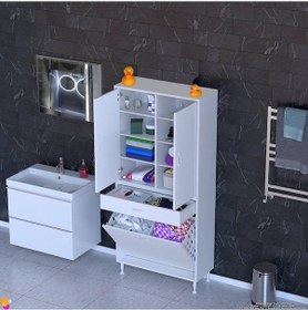 Resim Modilayn Yeni Afra 75x173x32,5 Cm' Lik 1 Çekmece, 2 Göz Sepet, 2 Kapak, 8 Raf Dar Alan Banyo Dolabı Beyaz 