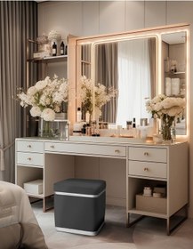 Resim Zengo Silver Twin Line Kare Puf -antrasit Kumaş, Dekoratif Makyaj Masası Pufu-modern Style 